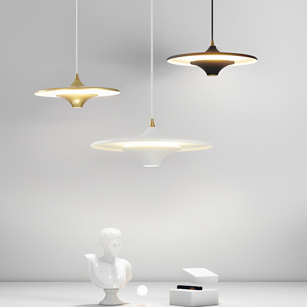 Round COB Pendant Light — Iron, 14" Diameter, Adjustable Hanging, 3000K Warm White, Black / White / Gold