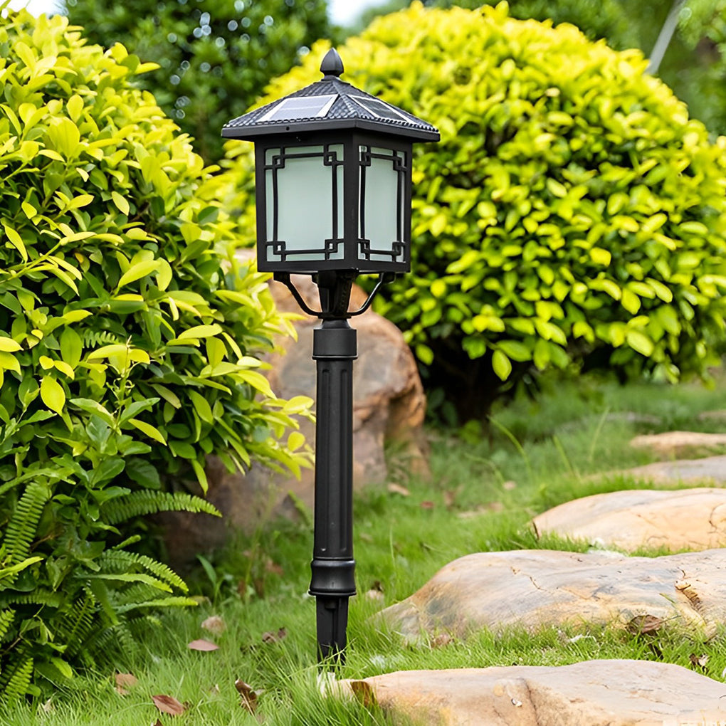 Ancient House-Style Solar LED Post Light — Aluminum and Glass, 7W, IP54, 3-Step Dimming, Remote Control