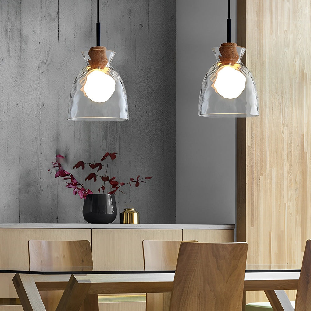 Round Glass and Wood Mini Pendant — Modern Minimalist, 3000K Warm White, Adjustable 59" Cord