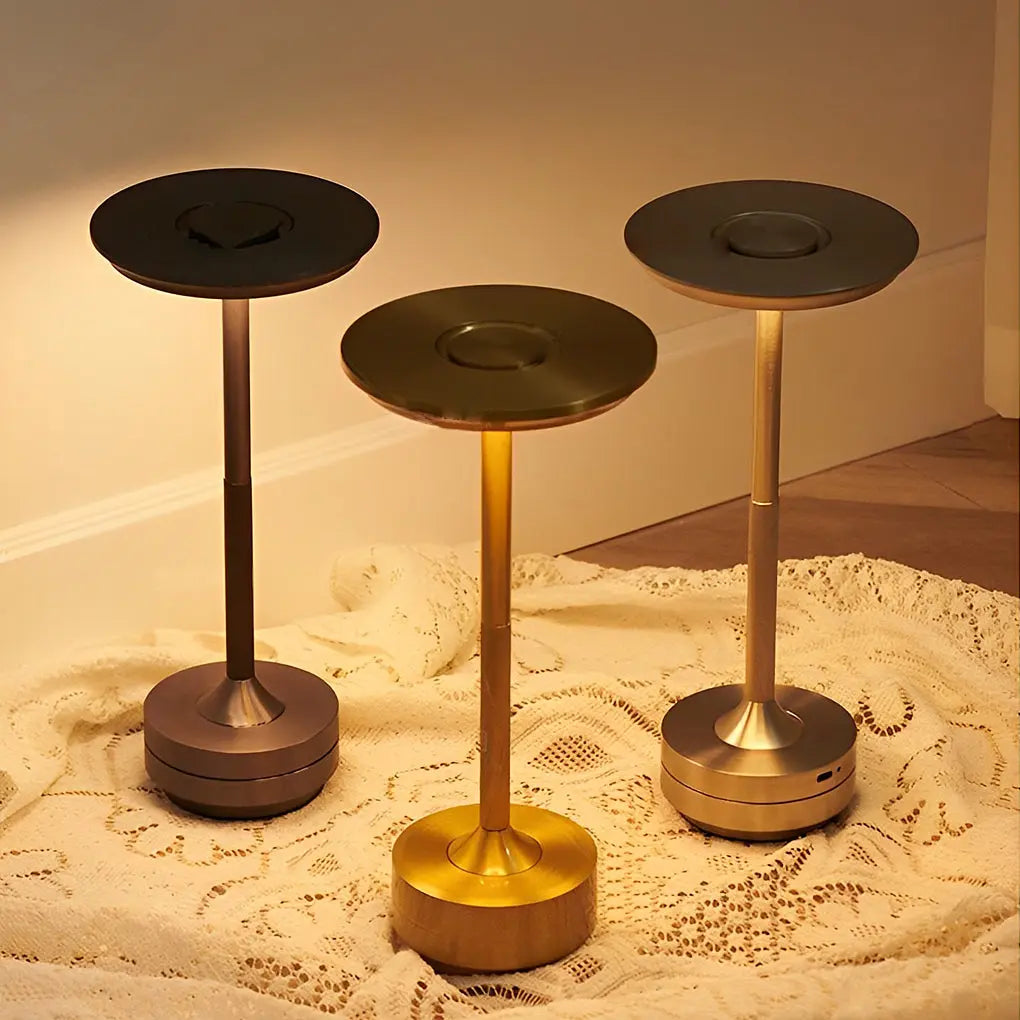 Slender Cordless UFO Alien Table Lamp with Plated Metal Finish Luxe