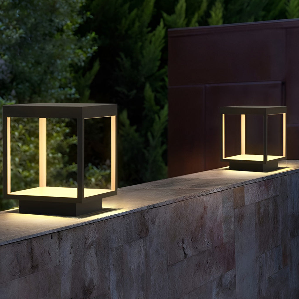 Contemporary Square Open-Frame Solar Pier-Mount Post Light — Stainless Steel & Acrylic, LED, IP54, Warm White 3000K