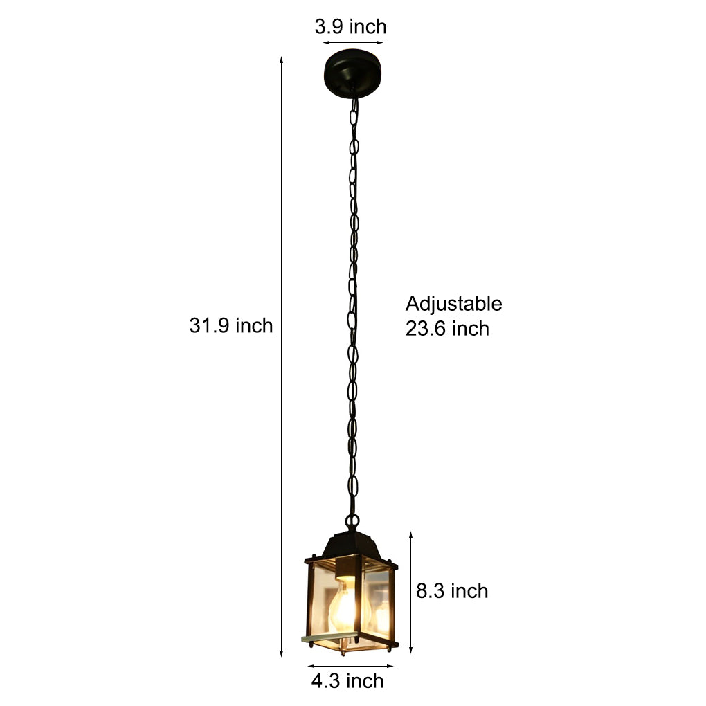Modern Square Outdoor Pendant Light — Die-Cast Aluminum and Glass, Black, Waterproof, 4.3" × 8.3", 23.6" Adjustable Chain