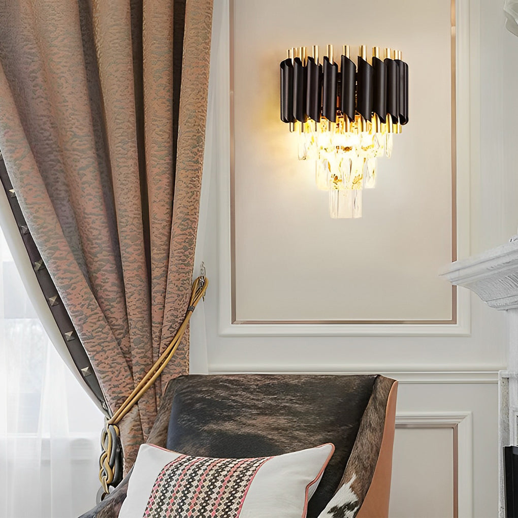 Postmodern Geometric Wall Sconce — Metal and Crystal Glass, 2-Light E14, Gold and Black, 10" × 14"