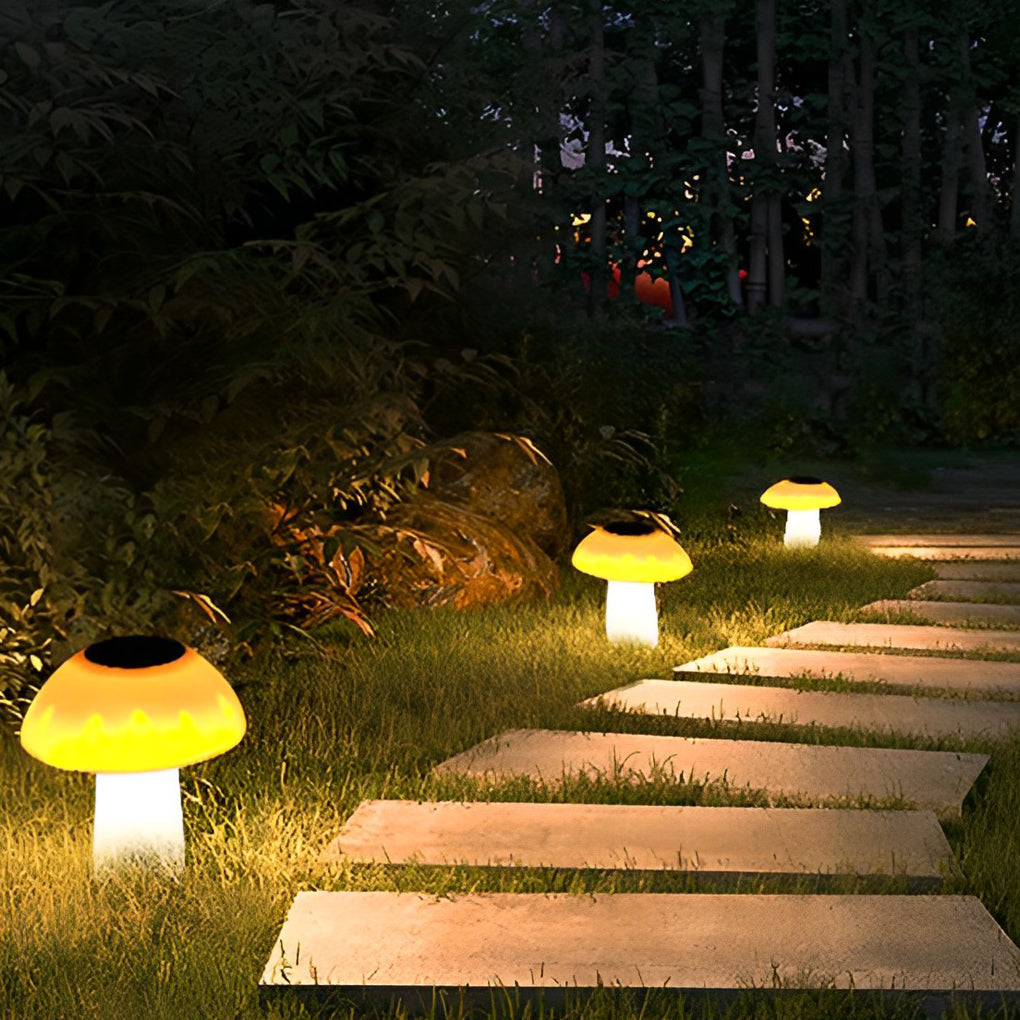 Mushroom Solar LED Lawn Light — ABS, Warm White 3000K, Auto Dusk-to-Dawn, IP Weatherproof, 7" × 15"