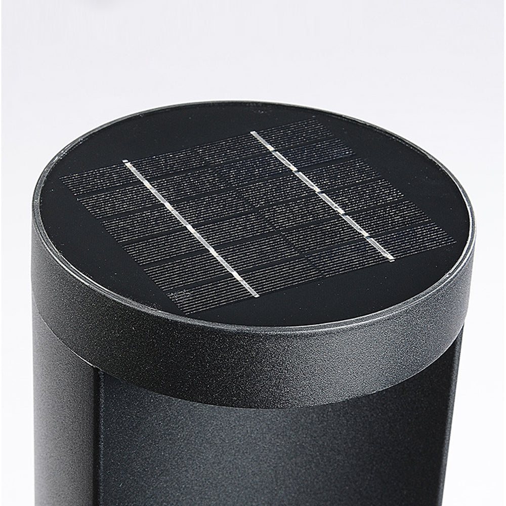 Contemporary Outdoor Cylinder Bollard Light — Aluminum and Frosted Glass, LED, Solar or Hardwired, IP65, 15W, Black