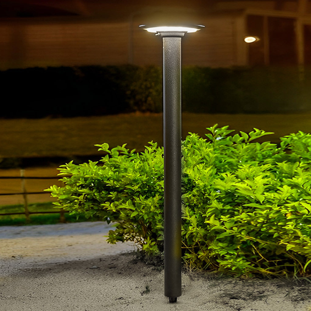 Round Solar Bollard Light — Die-Cast Aluminum, Black, Dusk-to-Dawn, Waterproof, 24"/31"/39"
