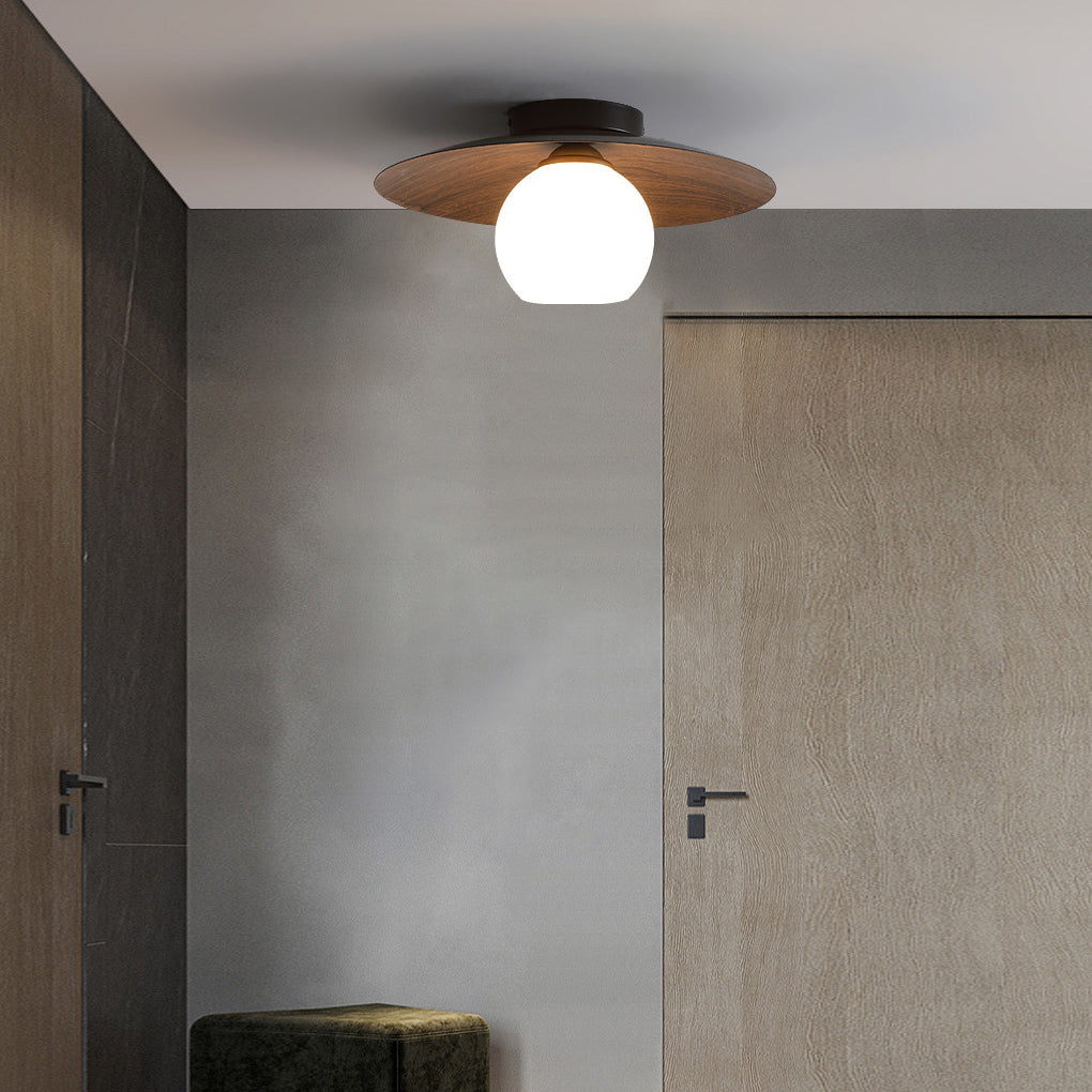 Bowl-Shaped LED Flush-Mount Ceiling Light — Iron and Glass, Imitation Wood Texture, 13.8", 3000K Warm White