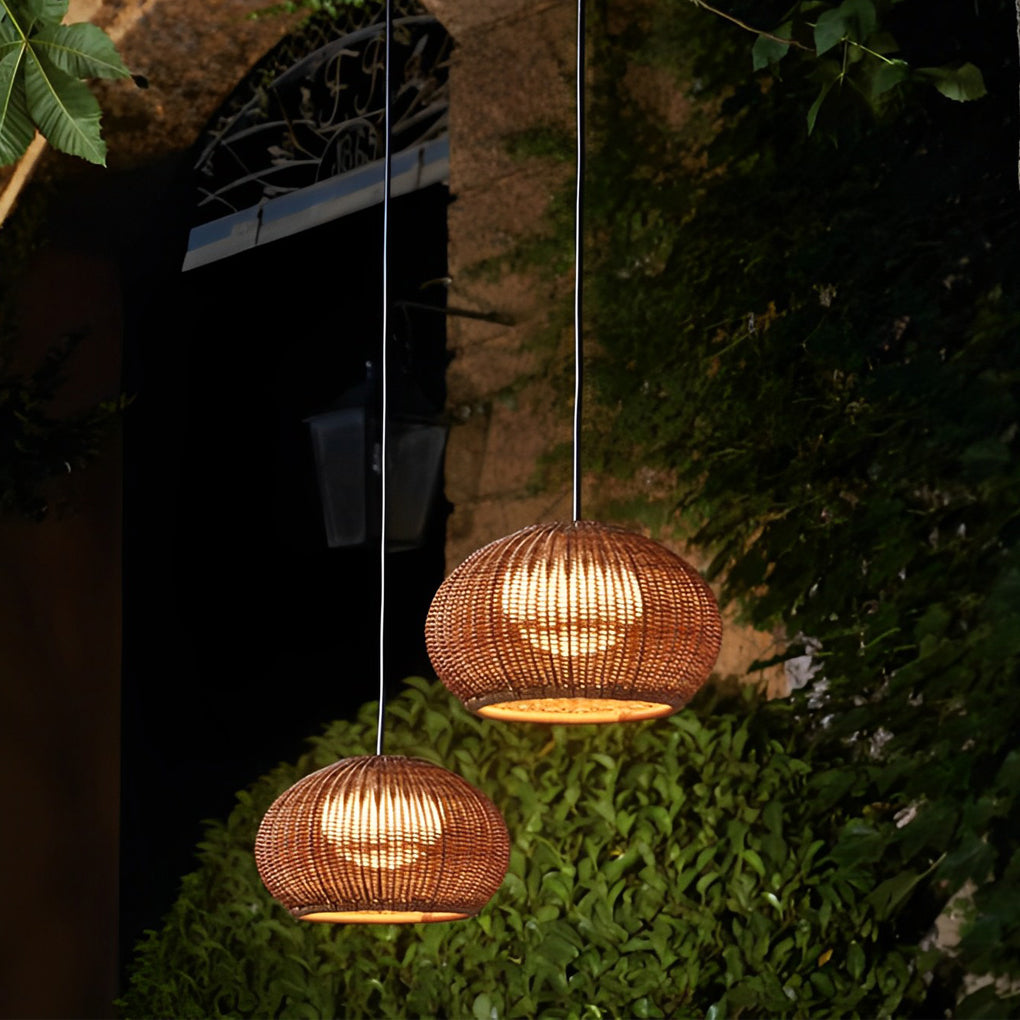 Rattan Lantern Outdoor Pendant & Wall Sconce — PE Rattan, E27 LED, 12W, IP55, Warm White 3000K, Beige or Coffee