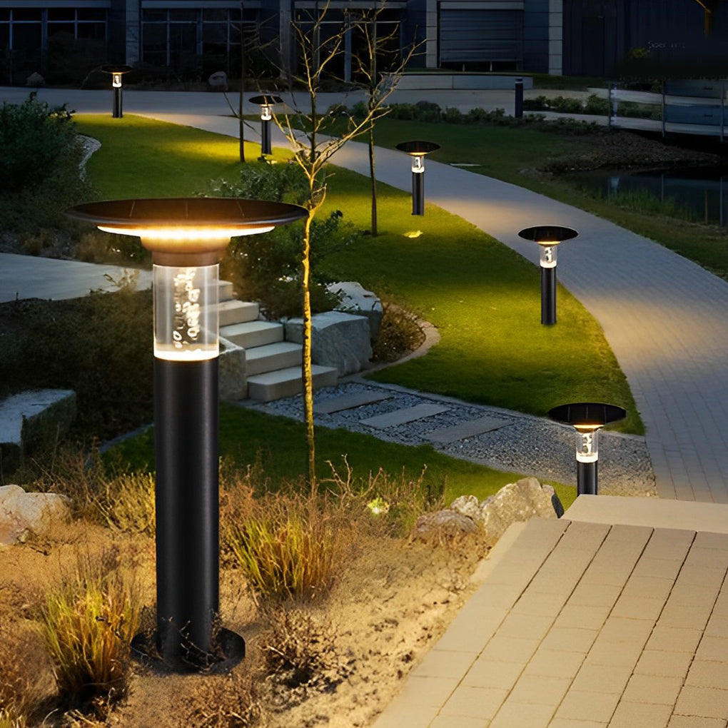 Round-Top Disk Bollard Path Light — Die-Cast Aluminum, Solar LED, Bubble Detail, IP55, 14.2"–29.9" Heights