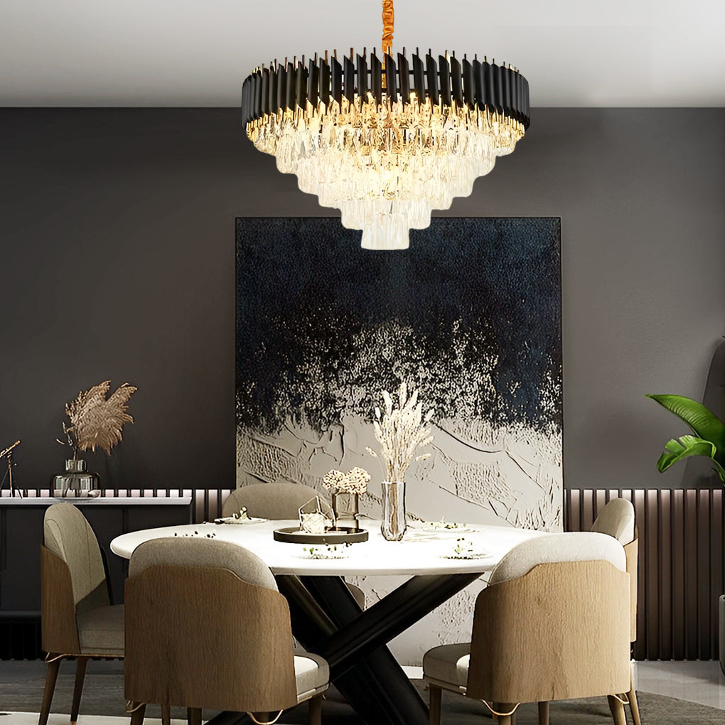 Postmodern Round Oval Crystal Chandelier — Black and Gold Iron, E14, Three-Step Dimming (3000K/4500K/6000K)