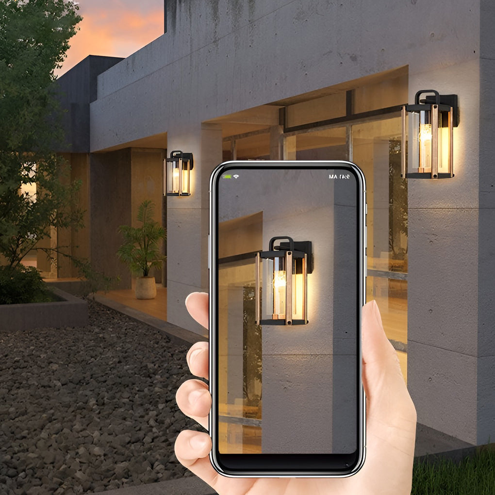 Black Glass Lantern Outdoor Wall Sconce — Die-Cast Aluminum, Industrial, Wood Grain Finish, 3200K