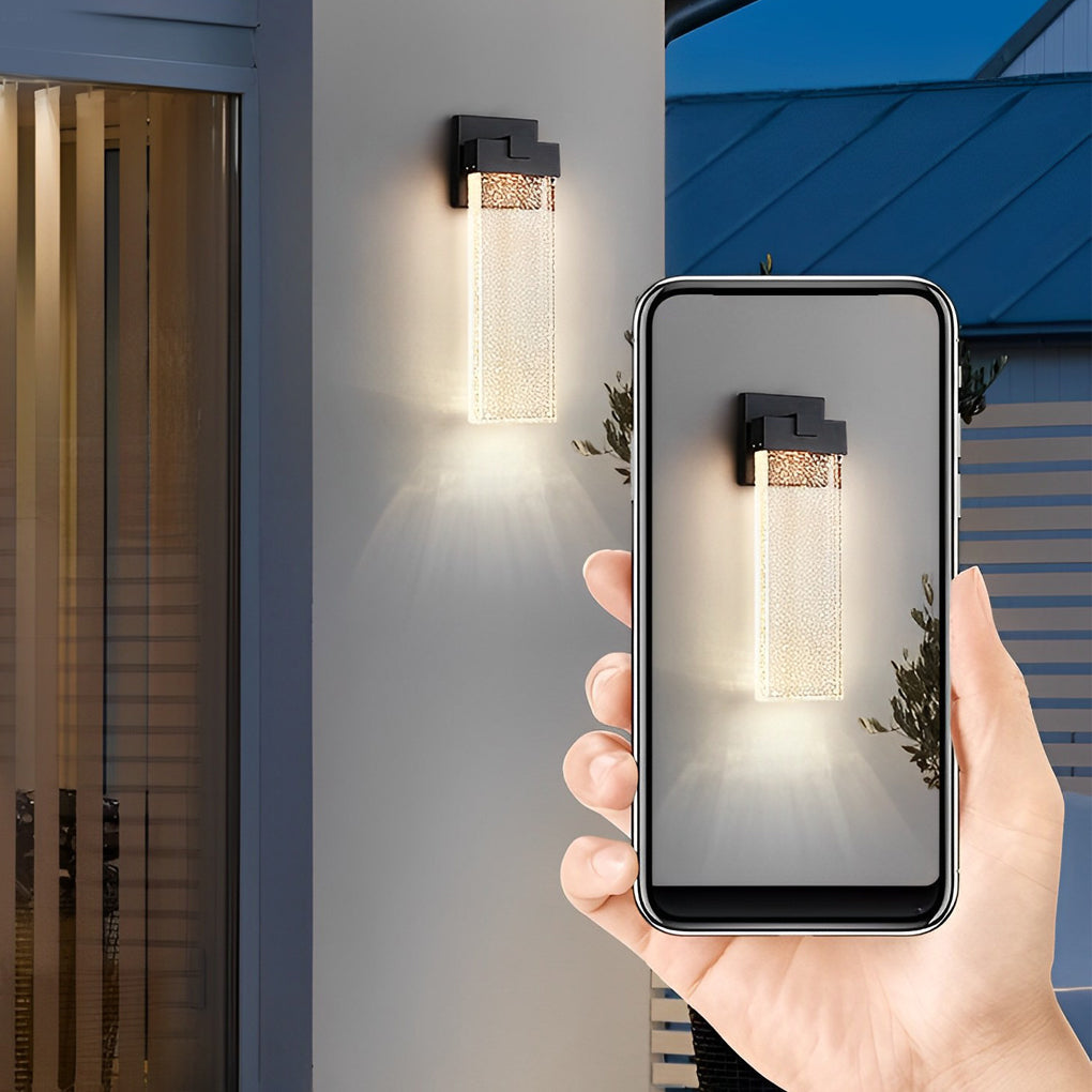 Rectangular Bubble Crystal Outdoor Wall Sconce — Die-Cast Aluminum, LED, 3000K Warm White, 10W / 18W / 24W, IP-Rated Weatherproof