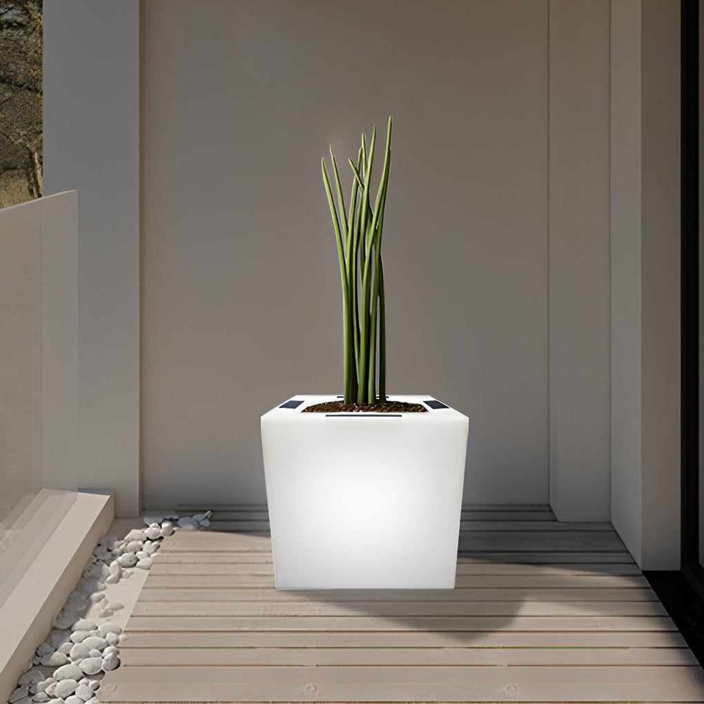 Square Solar Flower Pot Light — PE, LED Warm White 3000K, IP65 Weatherproof, 15.7" × 15.7"