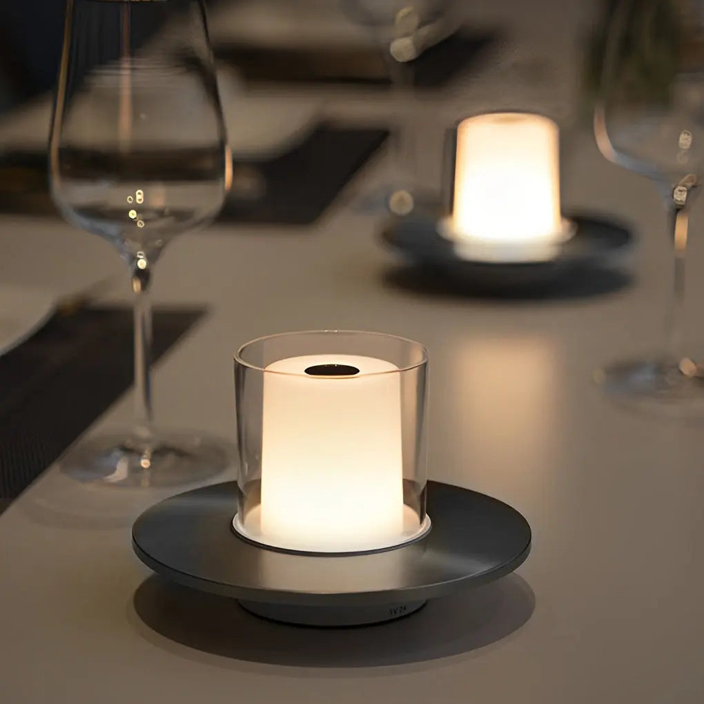Contemporary Cordless Cylinder Candle Table Lamp with Dish Base Luxe