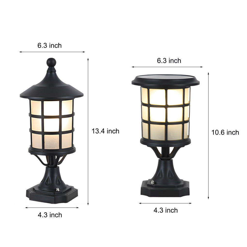 Modern Black Round Cage Solar / Hardwired Pillar Light — Die-Cast Aluminum & Glass, LED, IP65, 3-Step Dimming, Remote Control