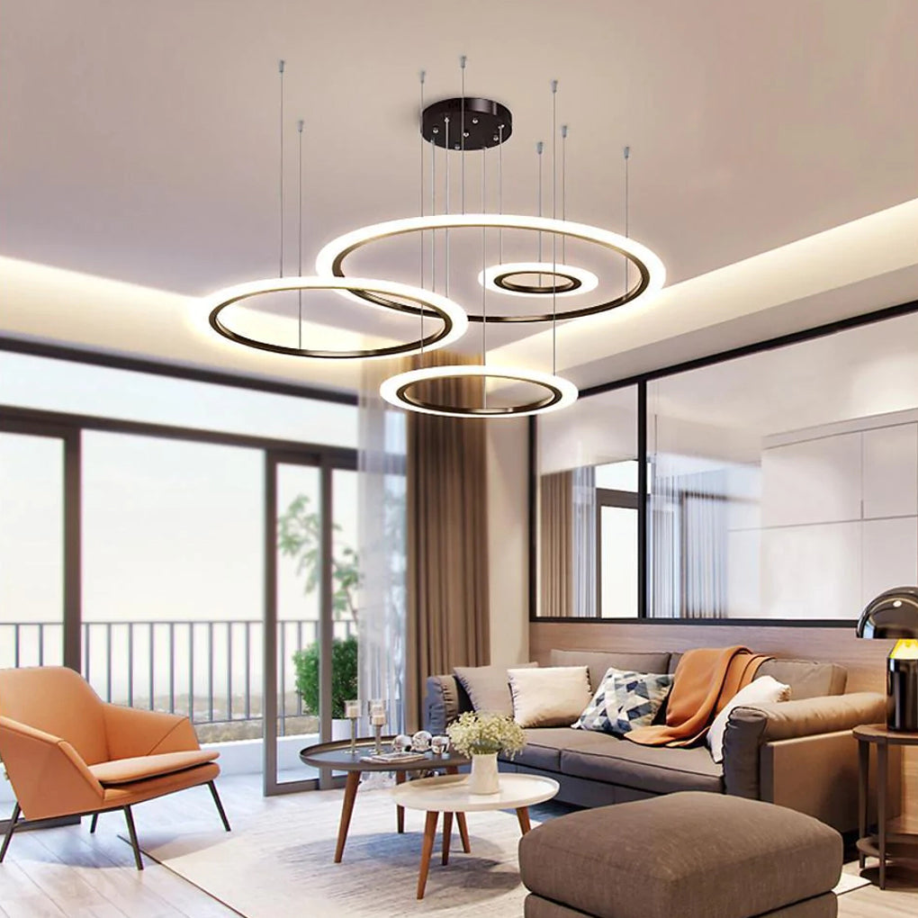 Four-Ring Geometric LED Chandelier — Metal and Acrylic, Dimmable, 11.8"–35.4" Rings, Black / White / Gold