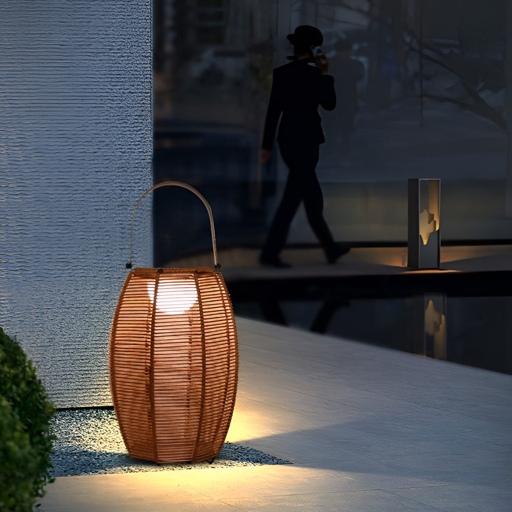 Rattan Lantern Portable Outdoor Floor Lamp — Solar LED, IP65 Weatherproof, 11" × 16", Motion Sensor