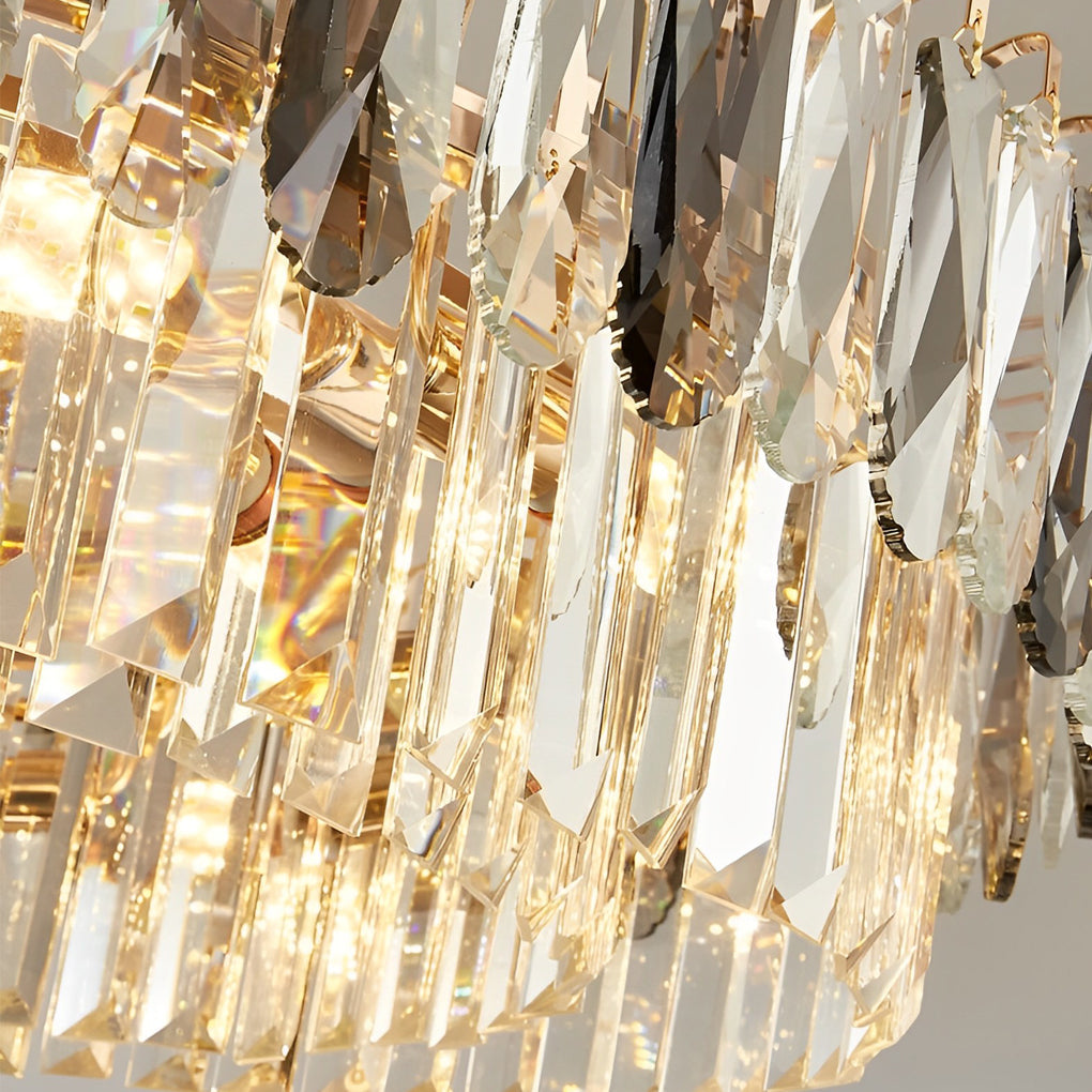 Modern Double-Layer Round Crystal Chandelier — Gold Electroplated Metal, Raindrop Crystal, Adjustable Height, 20"–39" Diameter