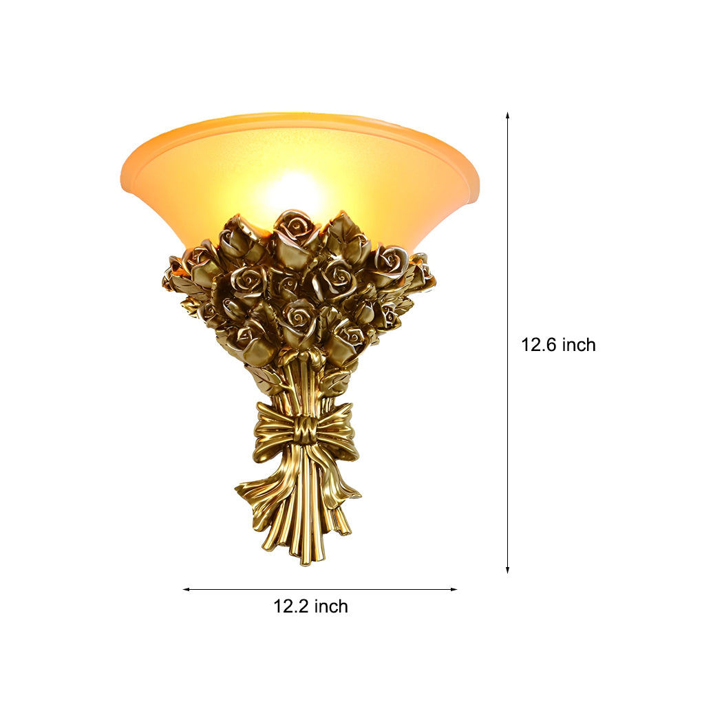 Resin Roses Bouquet Wall Sconce — Glass Shade, Gold or White, E27, 3000K, 12.2" × 12.6"