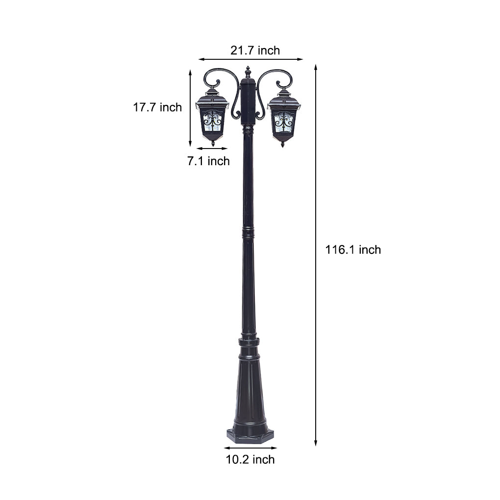 2-Light Retro Outdoor Post Light — Die-Cast Aluminum and Glass, Bronze/Black, E27, IP65, Hardwired, 21.7" W × 116.1" H