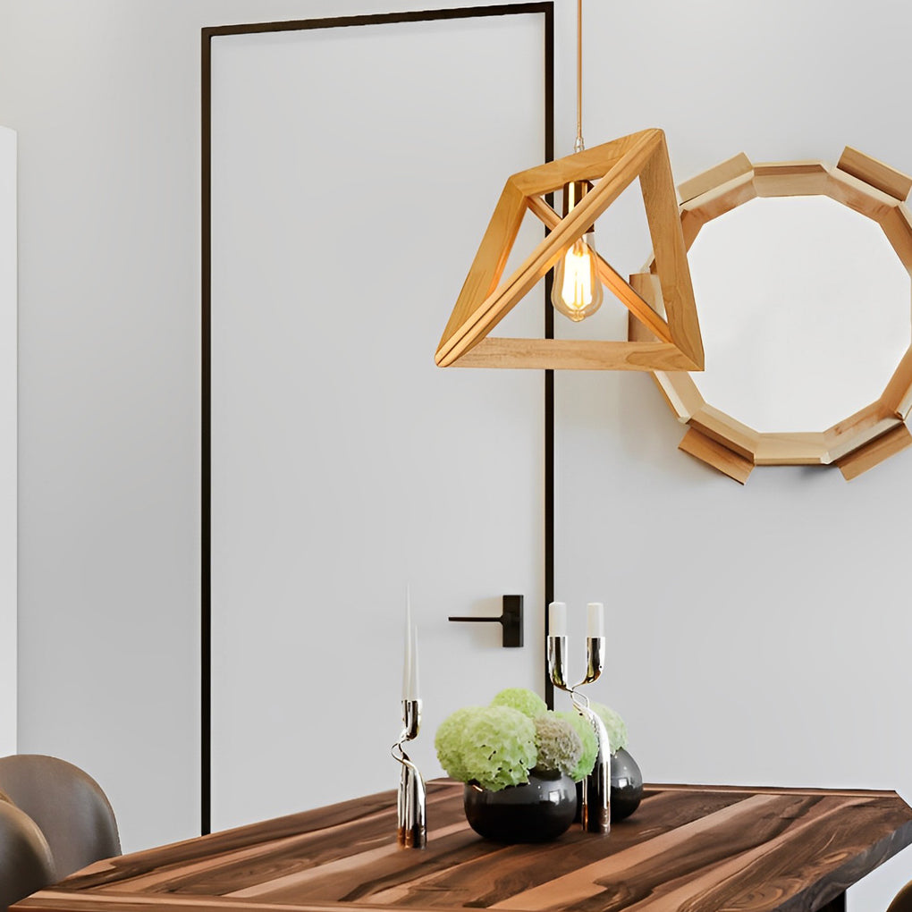 Geometric Wood Frame Pendant Light — Rustic Modern, E27, Adjustable 59" Cord