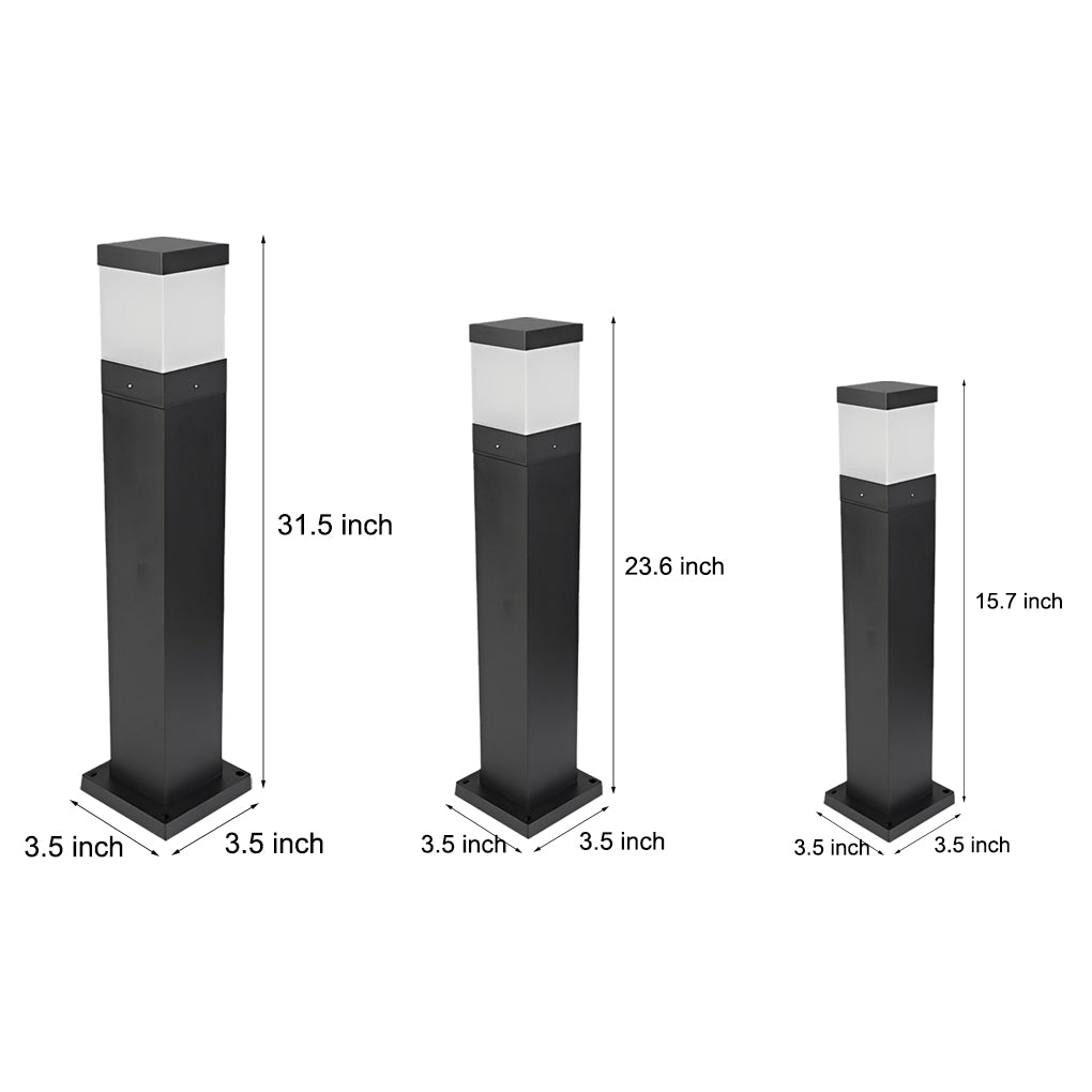 Minimalist Square Outdoor Bollard Light — Aluminum & Acrylic, Black, COB LED, IP65, Hardwired, 15.7" / 23.6" / 31.5"
