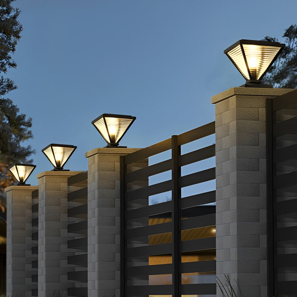 Geometric Solar Fence Post Light — Stainless Steel and Glass, Black, LED 3000K, IP-Rated Weatherproof