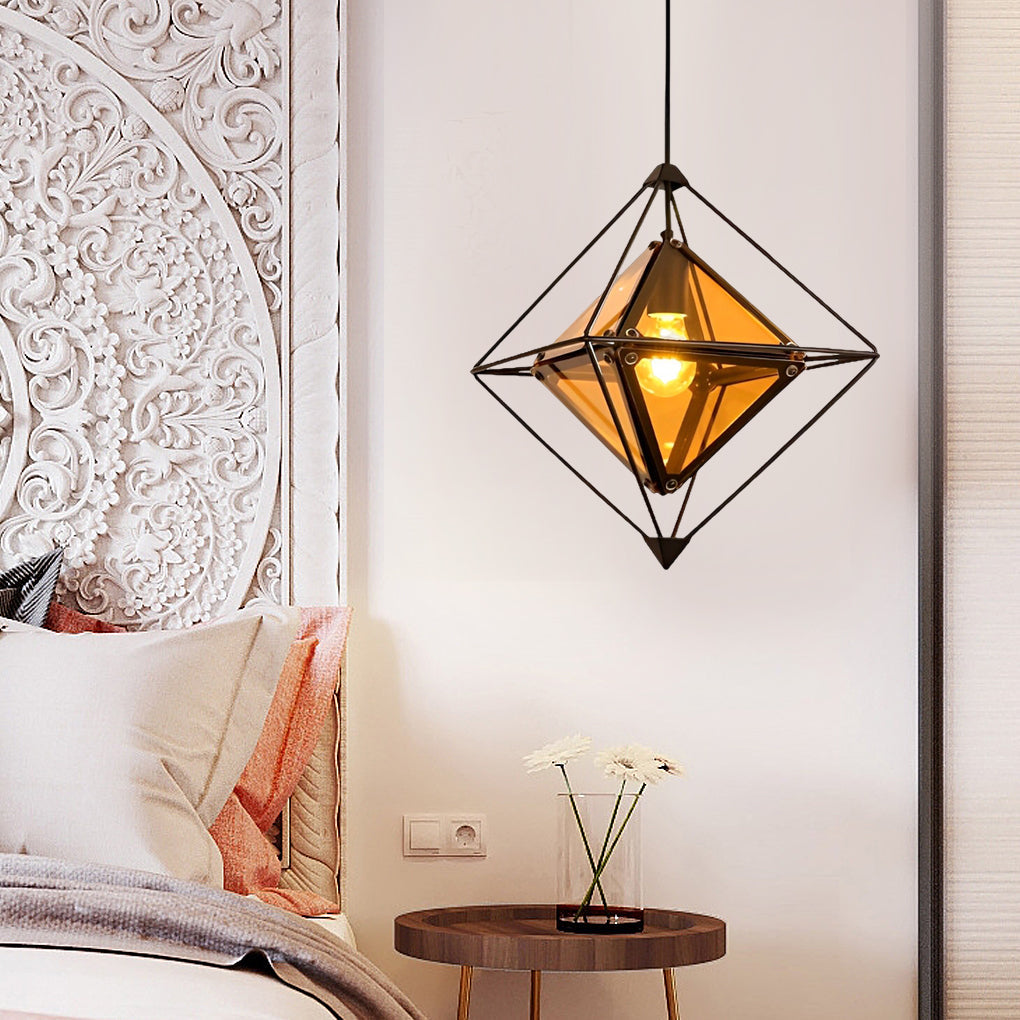 Modern Geometric Glass Pendant Light — E27, 16" Diameter, Amber or Smoke Gray, Gold or Black Finish