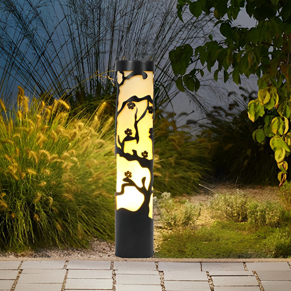 Wintersweet Plum Blossom Pathway Bollard Light — Black Galvanized Steel, LED, IP65, 24" Height