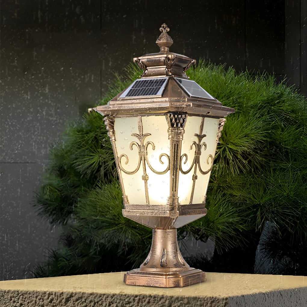 Retro Solar Fence Post Light — Die-Cast Aluminum & Glass, LED, IP55, Remote Control, Black / Bronze
