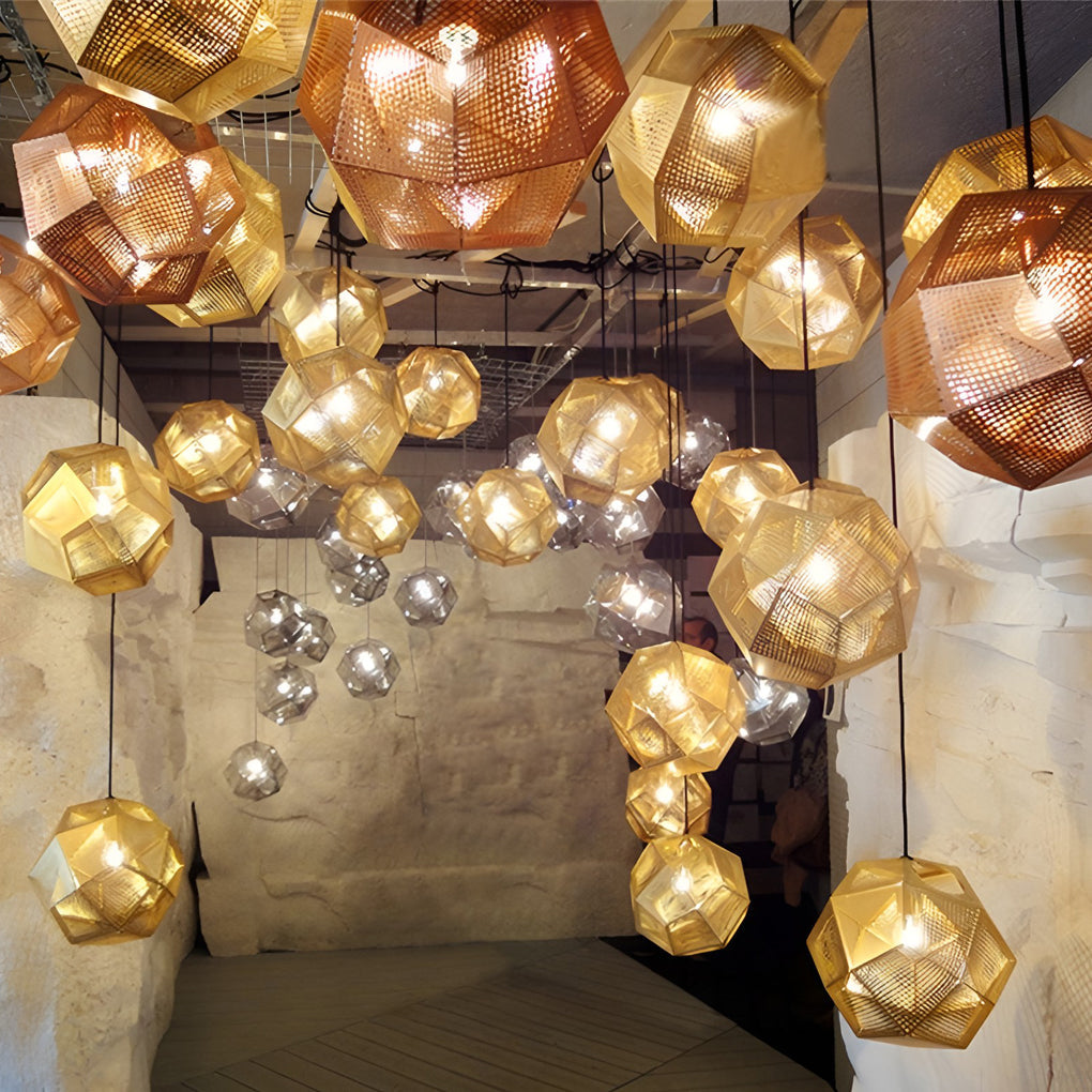 Postmodern Geometric Round Pendant Chandelier — Electroplated Stainless Steel, Hollow Pattern, Silver / Gold / Rose Gold