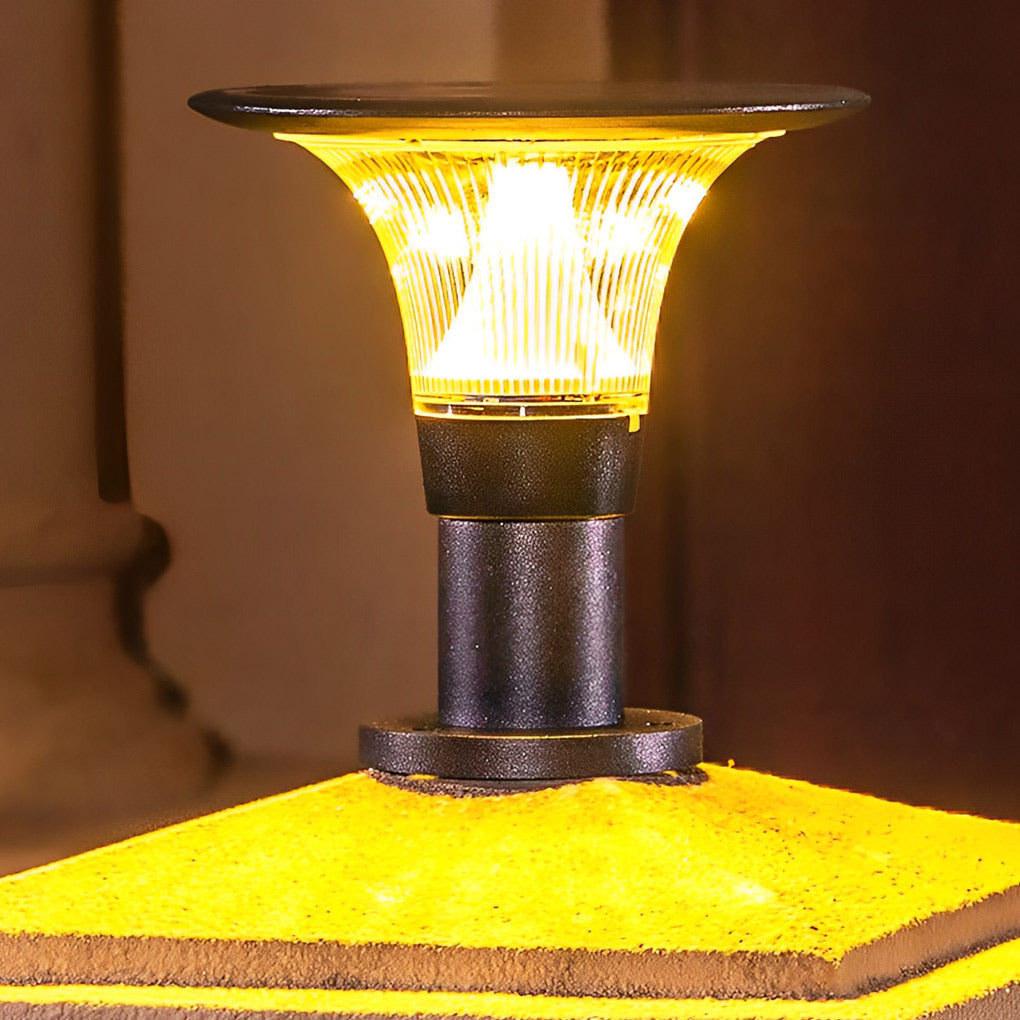 Modern Black Round Solar Post Cap Light — Die-Cast Aluminum, LED, Dimmable, IP55, Warm/White, 9" Diameter