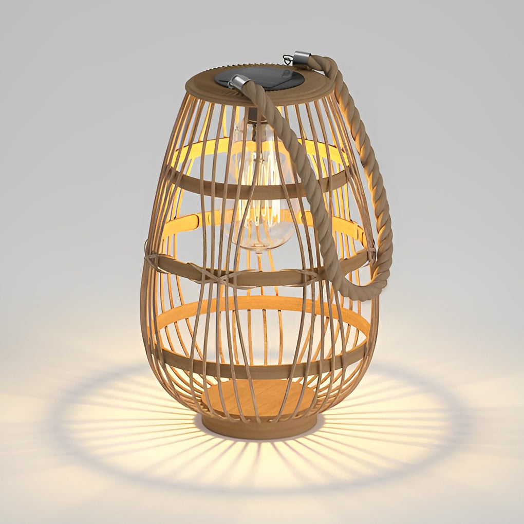 Rustic Modern Solar Portable Lantern — Wood and Rattan, LED, 3000K Warm White, IP65 Weatherproof, 7" × 11"
