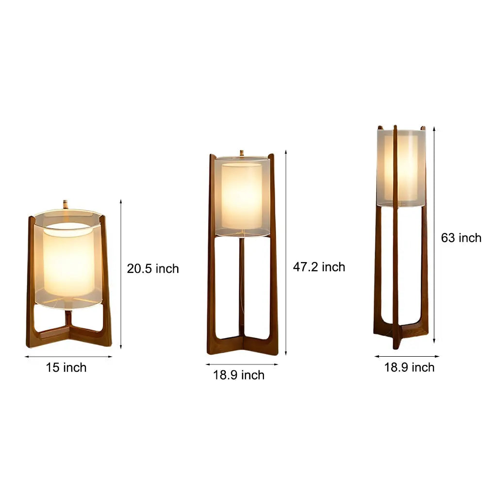Double-Shaded LED Floor Lamp in Rustic Japanese Style with Wood Stand Luxe
