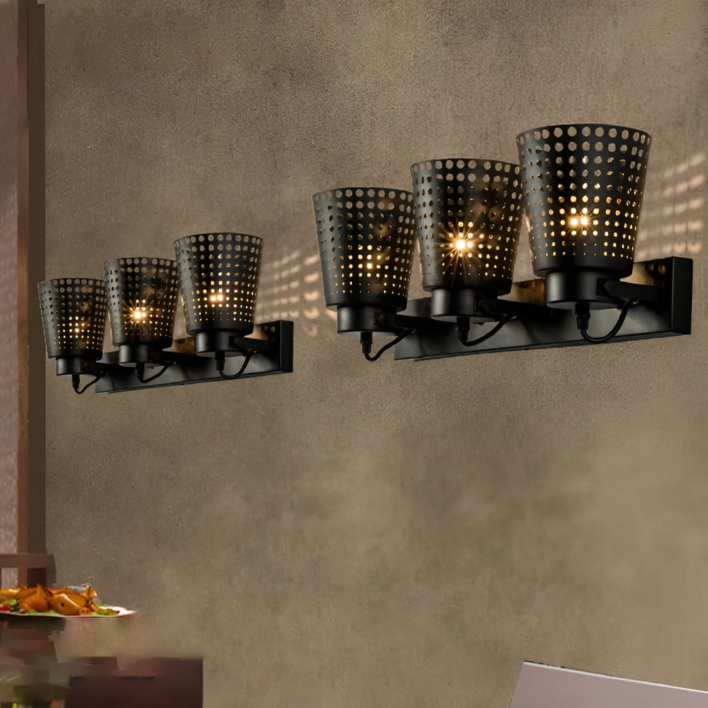 Retro Hollow Industrial Plug-In Wall Sconce — Black Iron, Adjustable Arm, E27, 1-, 2-, or 3-Light