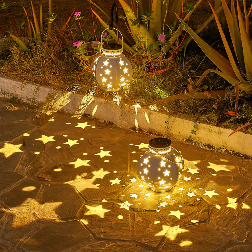 Star Projection Solar Outdoor Lantern — Iron, LED, Waterproof, 7.48" × 11"