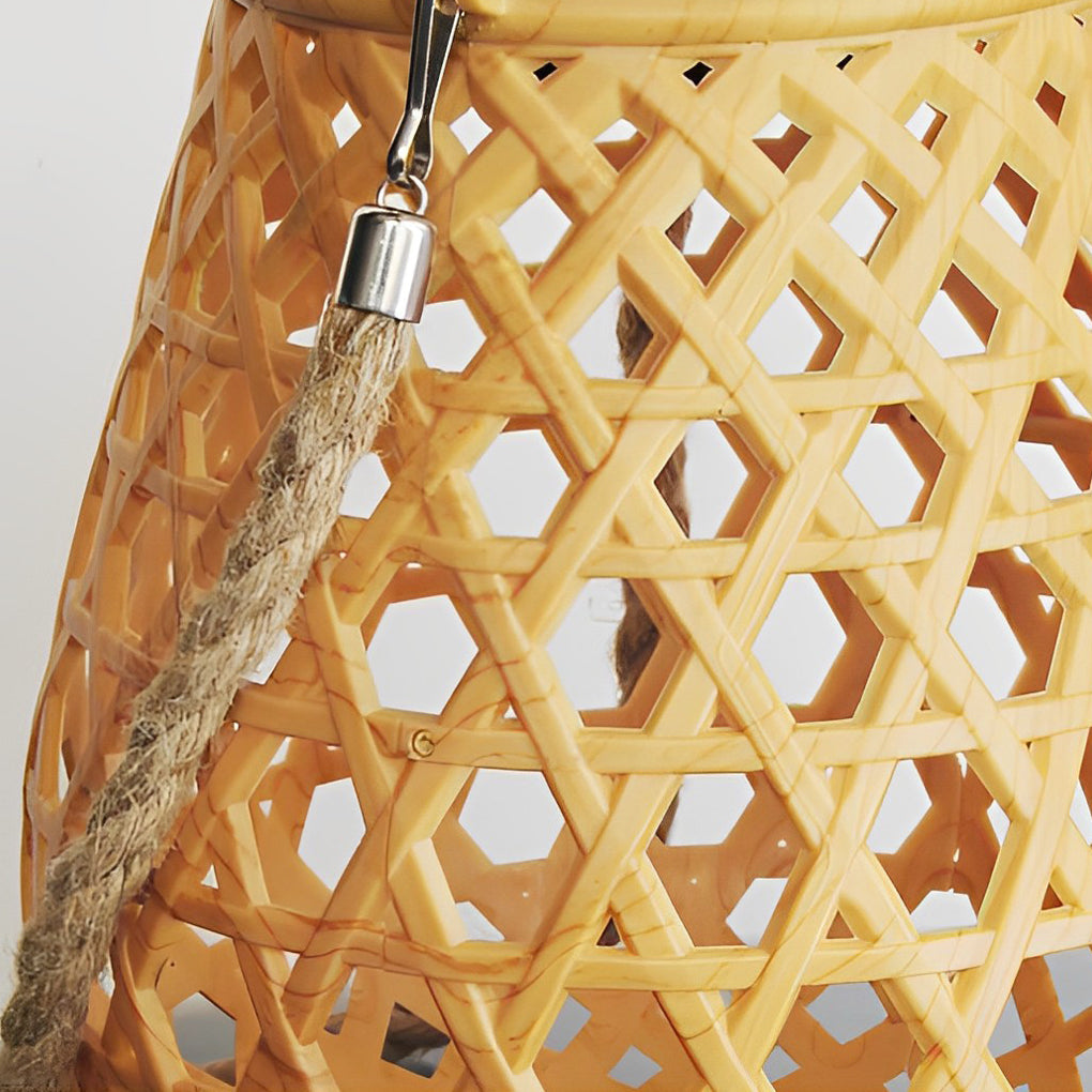 Bamboo and Rattan-Style Portable Outdoor Lantern — Plastic with Hemp Rope, Solar / USB, LED 3000K, IP44, 7.3" × 8.3"
