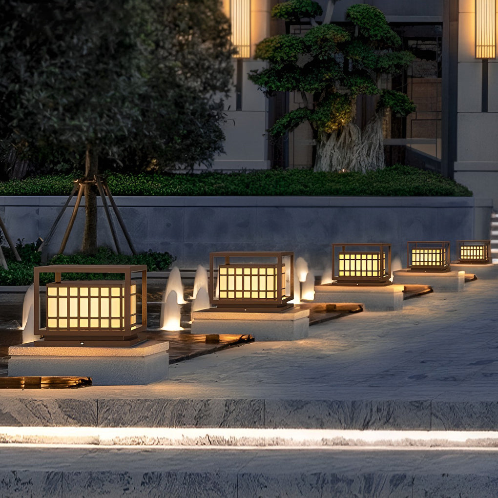 Modern Square Outdoor Pillar Light — Stainless Steel, Brown, LED, IP65 Weatherproof, 3000K Warm White