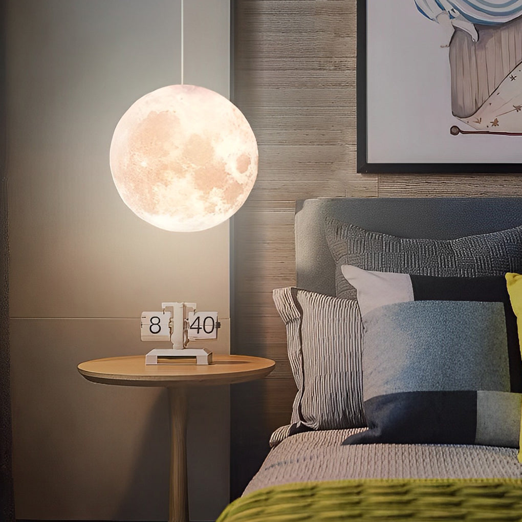 3D Moon Sphere Pendant — Iron, Lunar-Texture Lampshade, Adjustable Hanging Wire, 7.9"–15.7"