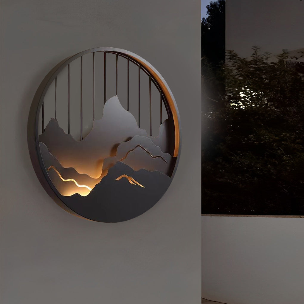 Round Mountain Scenery Outdoor Wall Sconce — Black Iron, LED Waterproof, 16"/24"/31"