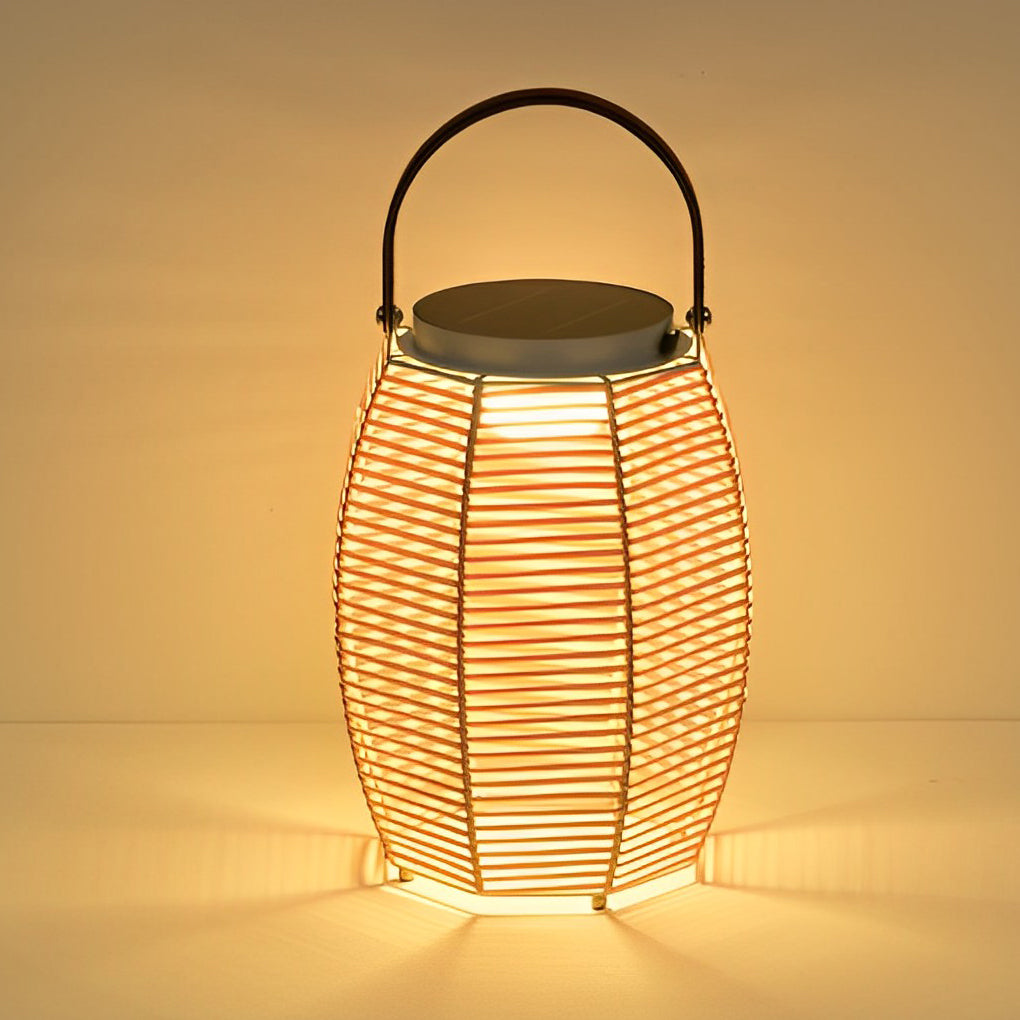 Rattan Solar Portable Outdoor Lantern — Stainless Steel, 3000K Warm White, IP54 Weatherproof, 180° Rotating Handle