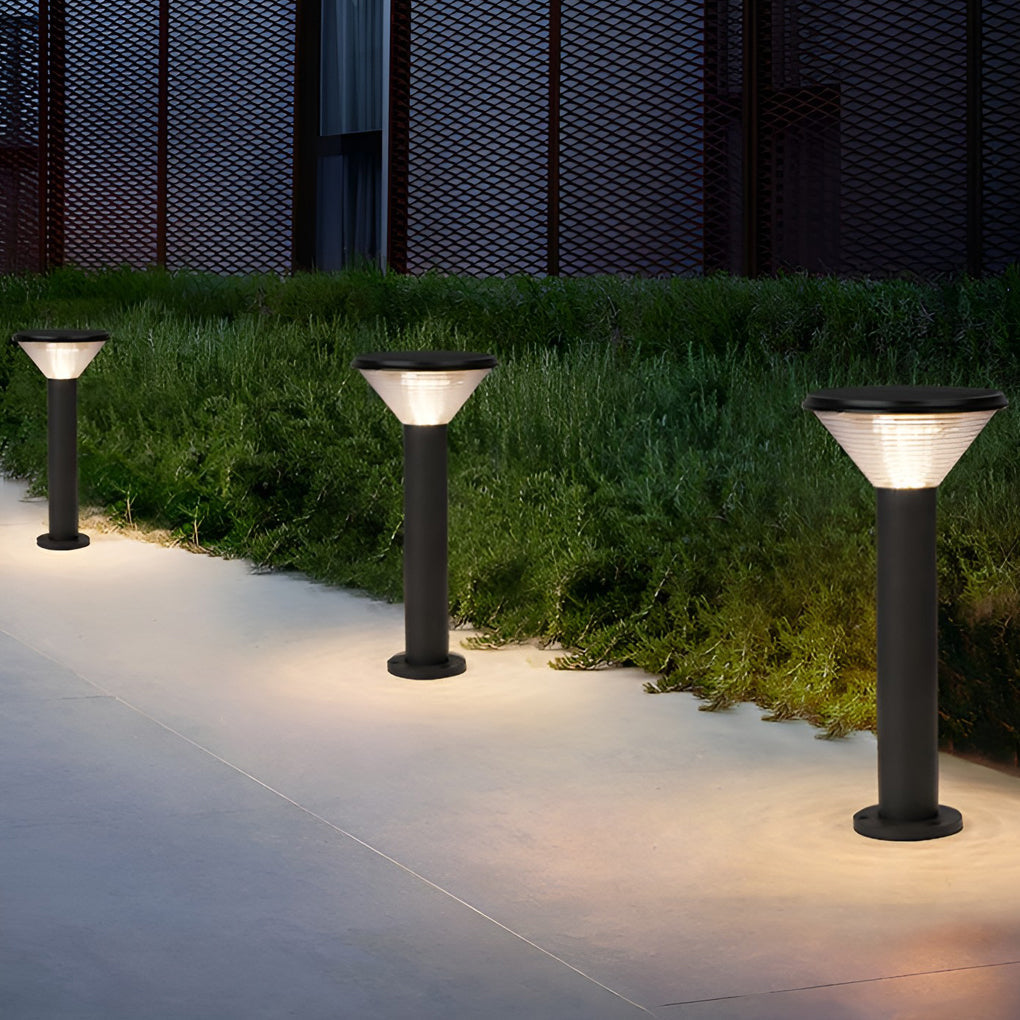 Modern Cylindrical Tapered Solar LED Bollard Light — Black Aluminum, 3-Step Dimming, Remote Control, 24" or 31"