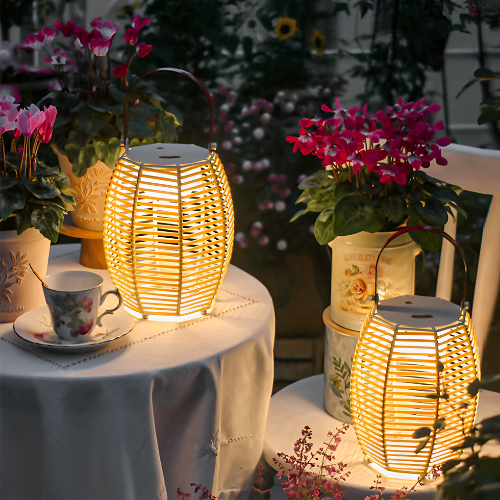 Rustic Modern Solar Outdoor Lantern — Hand-Woven Rattan, LED, IP54 Waterproof, Portable