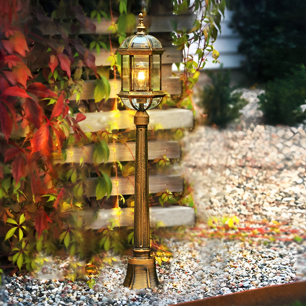 Vintage Golden Outdoor Post Light — Die-Cast Aluminum and Glass, E27, 46" H, Waterproof Rustproof