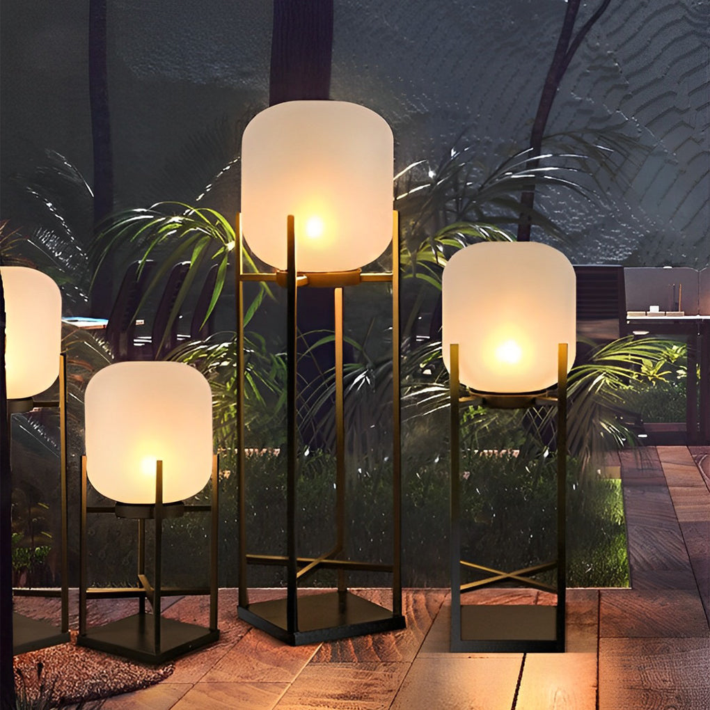 Lantern Outdoor Floor Lamp — Black Stainless Steel & Acrylic, LED, Solar or Hardwired, IP65, 3000K