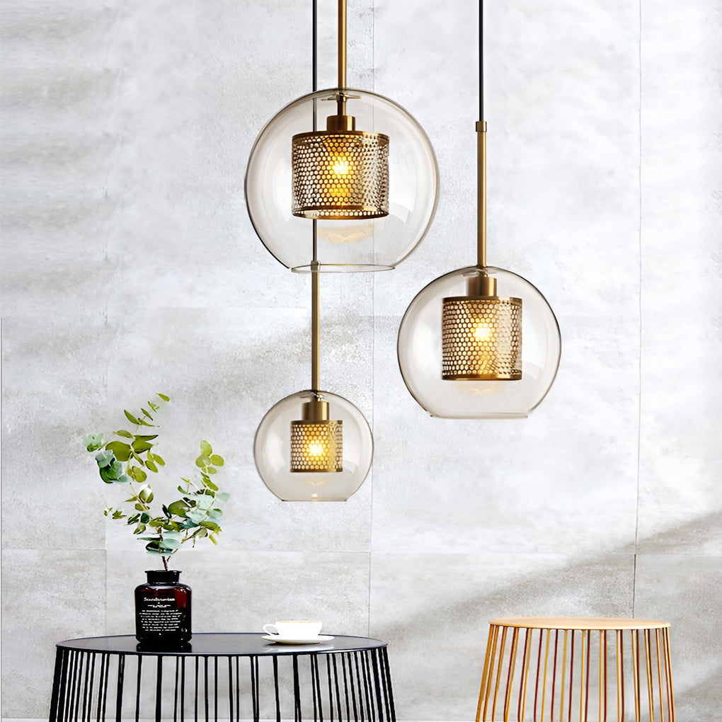 Industrial Minimalist Round Glass Pendant Light — Clear Glass, LED, Kitchen Island