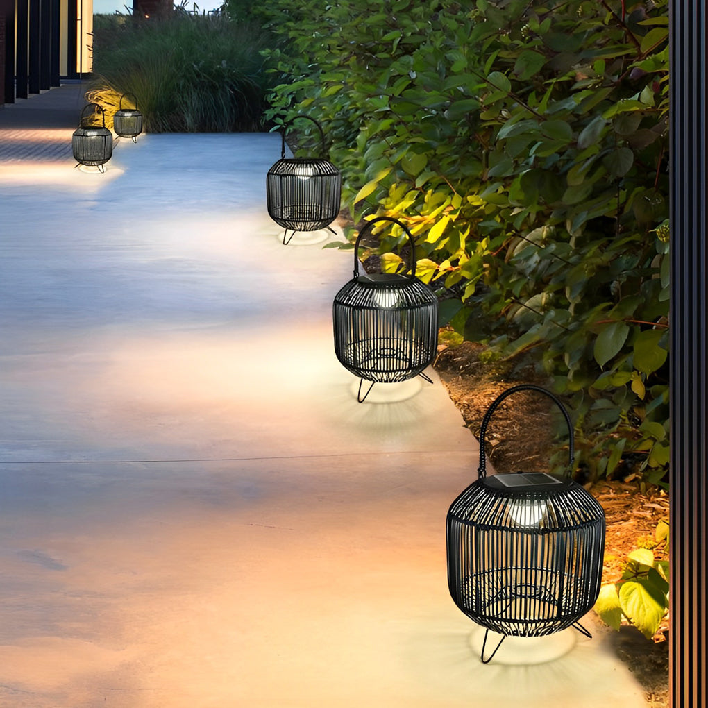 Retro Rattan Portable Outdoor Lantern — Iron and Wicker, Solar-Powered, IP65 Weatherproof, 10" × 16"