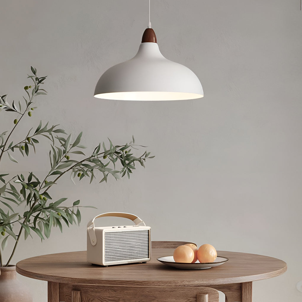Round Wood Grain Pendant Light — Iron and Walnut, E27 12W, 14" Diameter, 47" Adjustable Cord