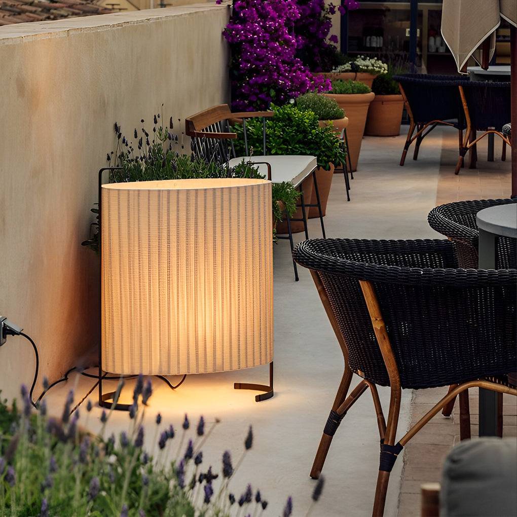 42" Contemporary Fabric Drum Outdoor Floor Lamp — Aluminum, Japandi, LED 12W, IP54, 3000K Warm White