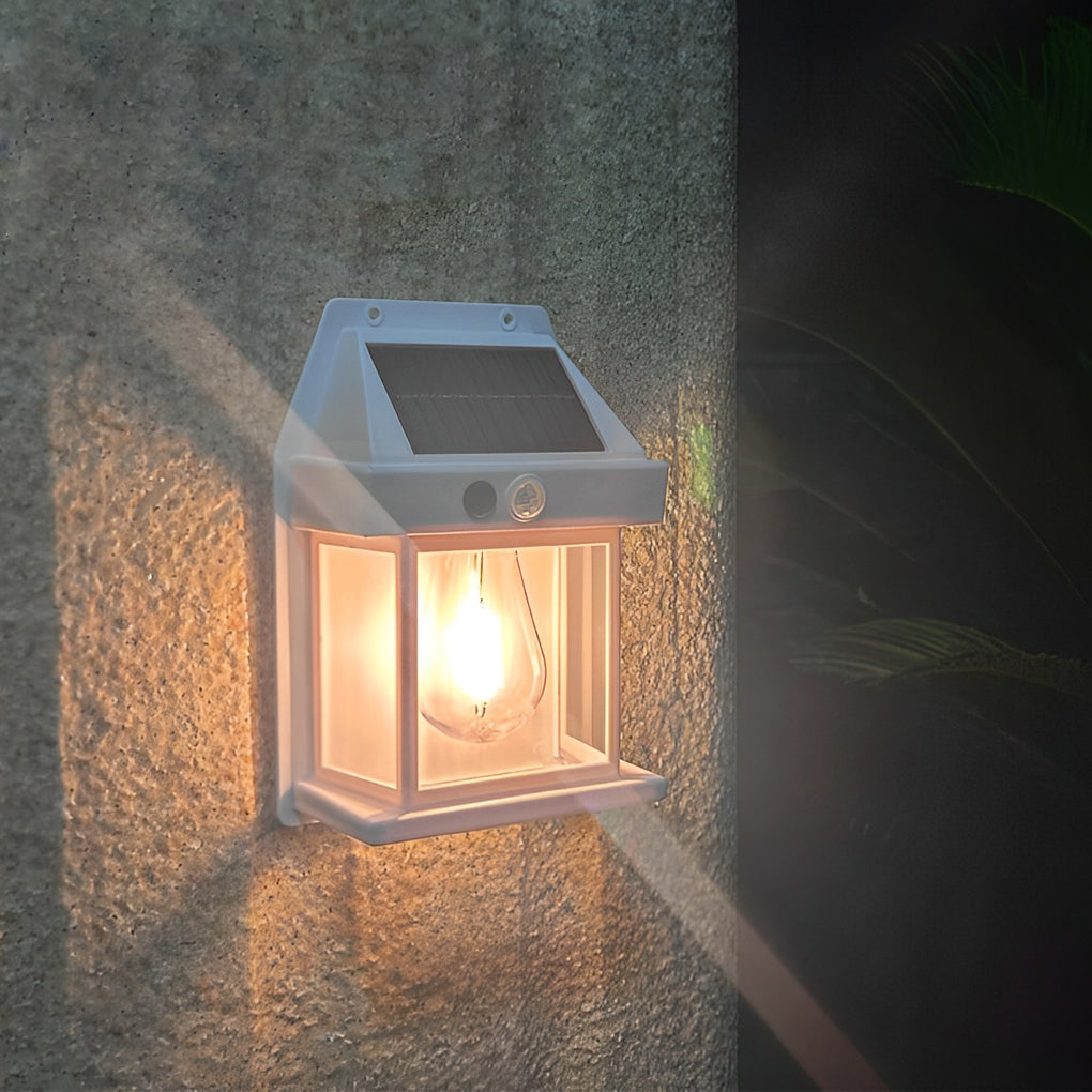Solar Outdoor Wall Lantern — ABS, Tungsten Bulb, Dusk-to-Dawn Motion Sensor, 3-Mode, IP65, Black or White